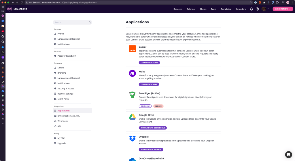 Applications page showing FuseSign