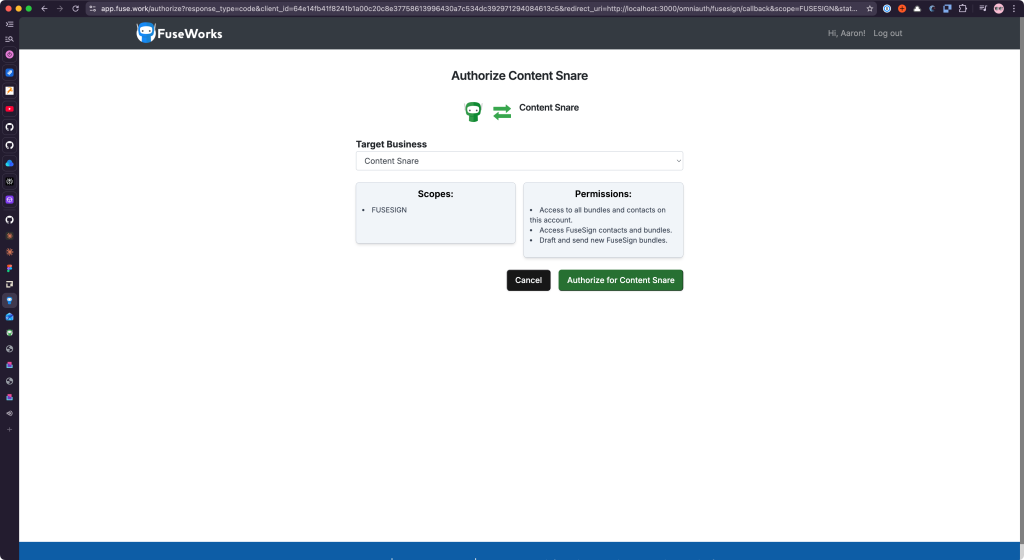 FuseWorks authorization screen