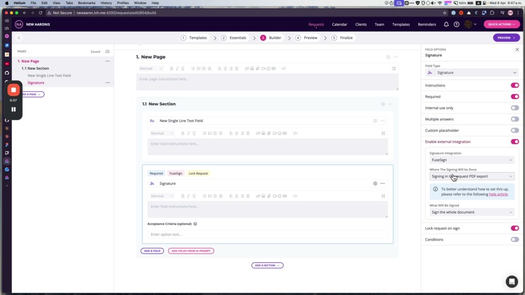 Builder showing signature field options