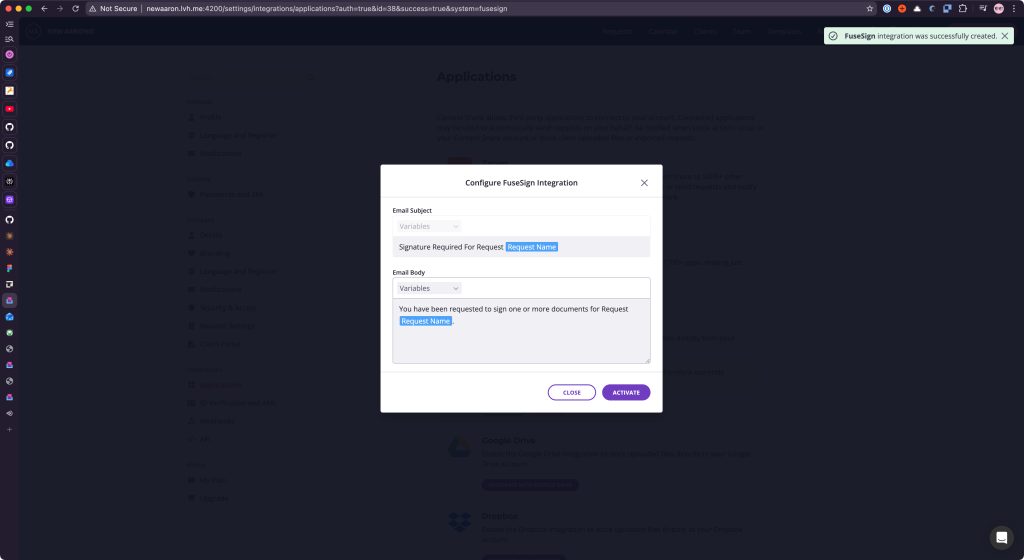 Configure FuseSign Integration modal