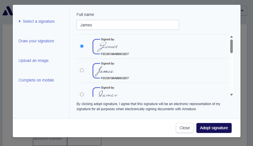 Adopt signature dialog in Annature