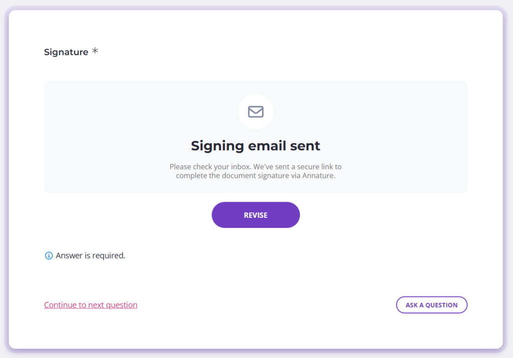 Signing email sent state