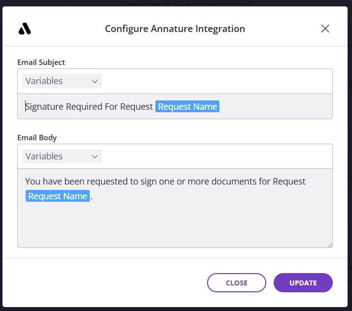 Configure Annature Integration dialog with email subject and body