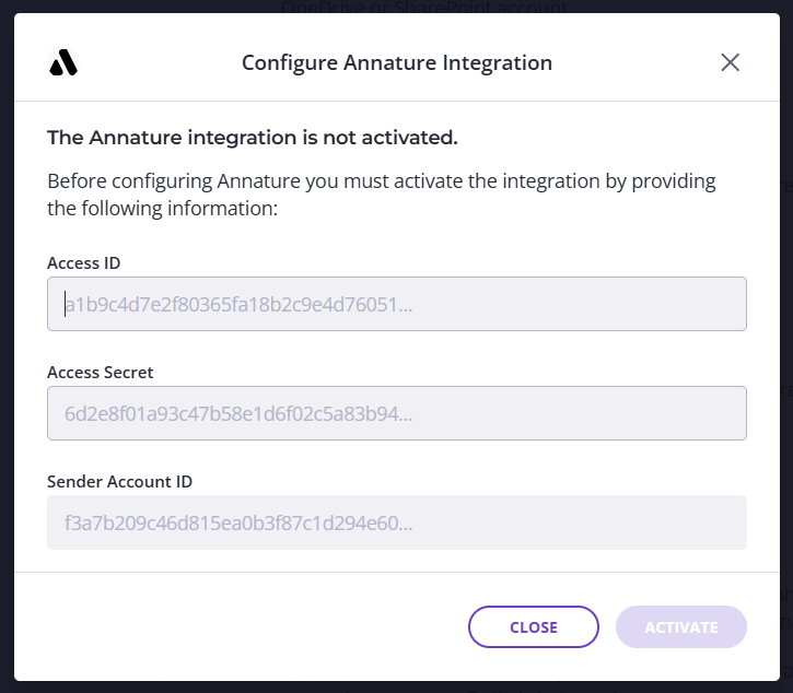 Configure Annature Integration dialog with credential fields