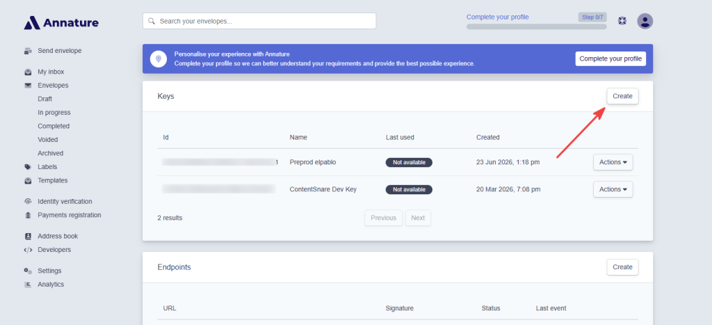 Annature Developers page with the Keys section