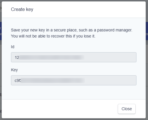 New key showing the Id and Key values