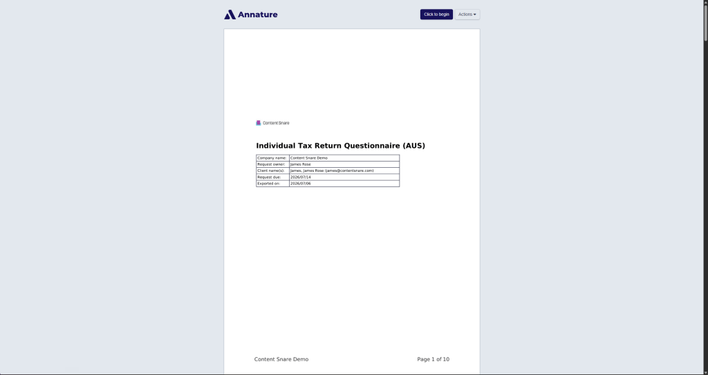 Document open in the Annature signing interface