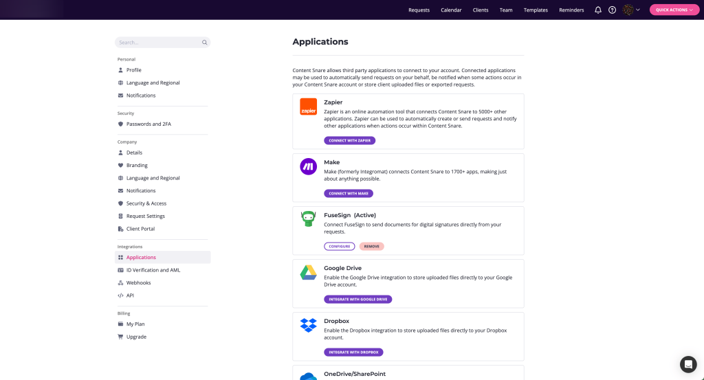 Applications page showing FuseSign