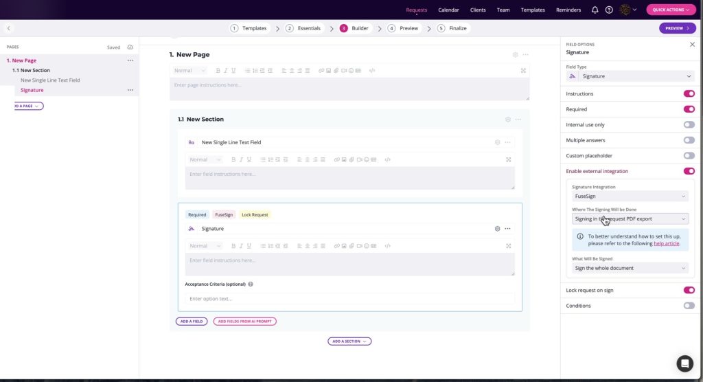 Builder showing signature field options