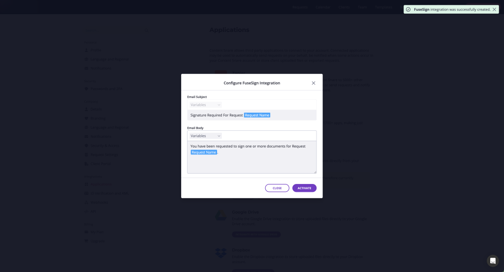 Configure FuseSign Integration modal