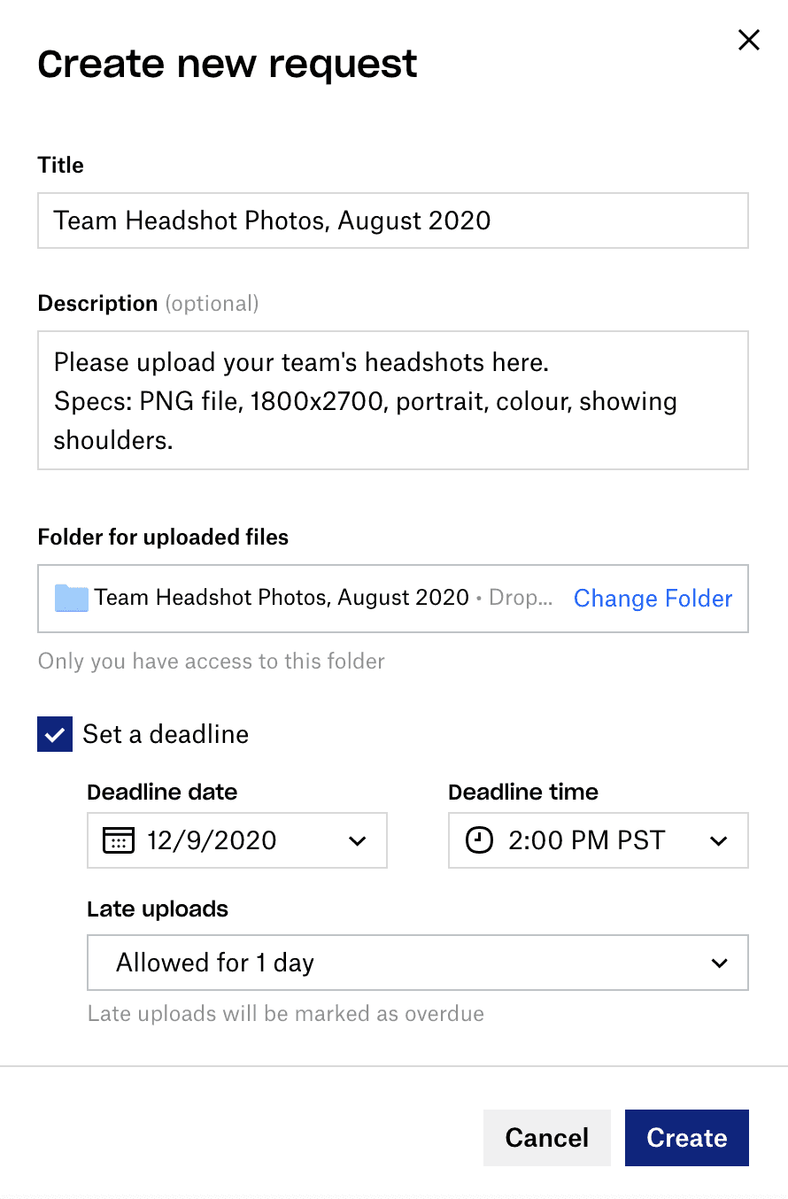Dropbox create a new request with deadline