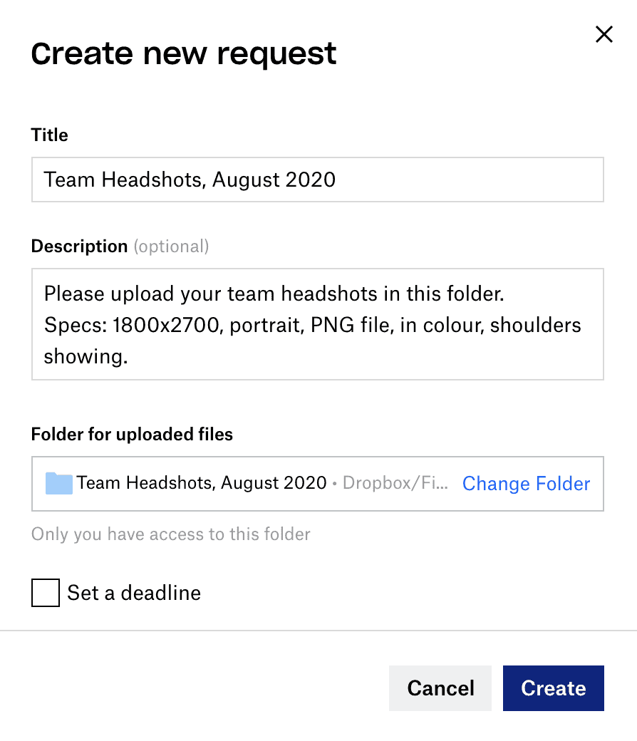 Dropbox create new request