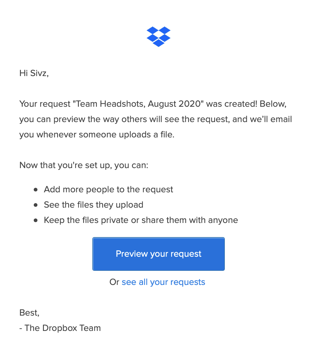 Dropbox email notification request created