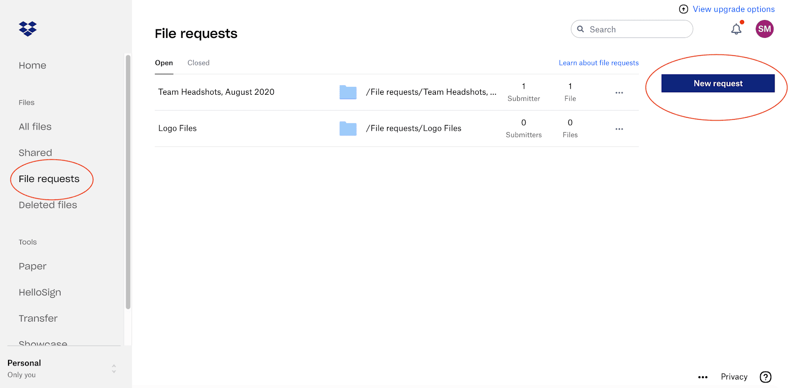 Dropbox file requests home page