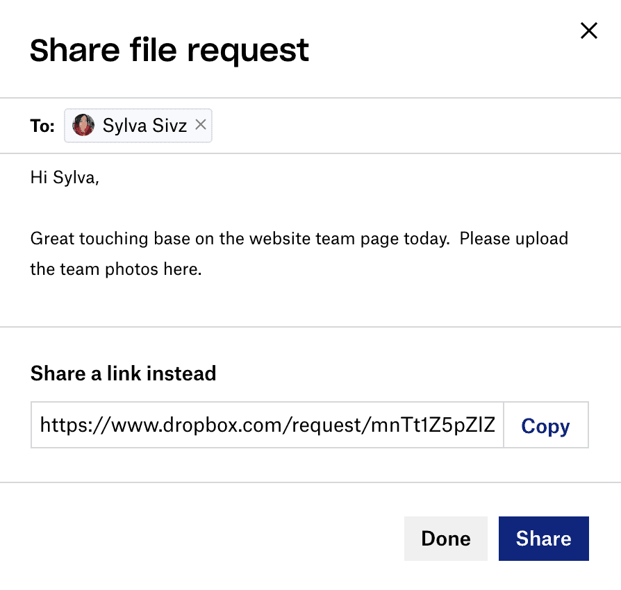Dropbox share a file request