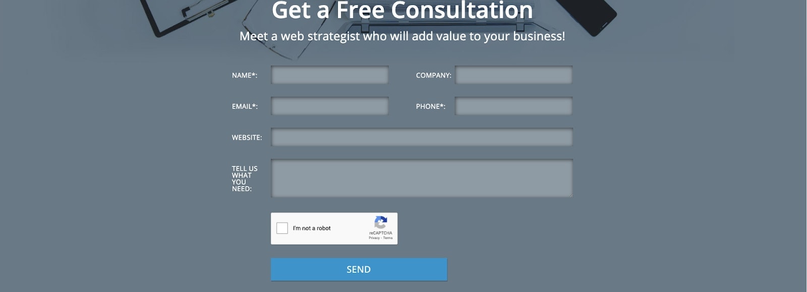 Screen shot of a contact form to book a free web design consultation. 