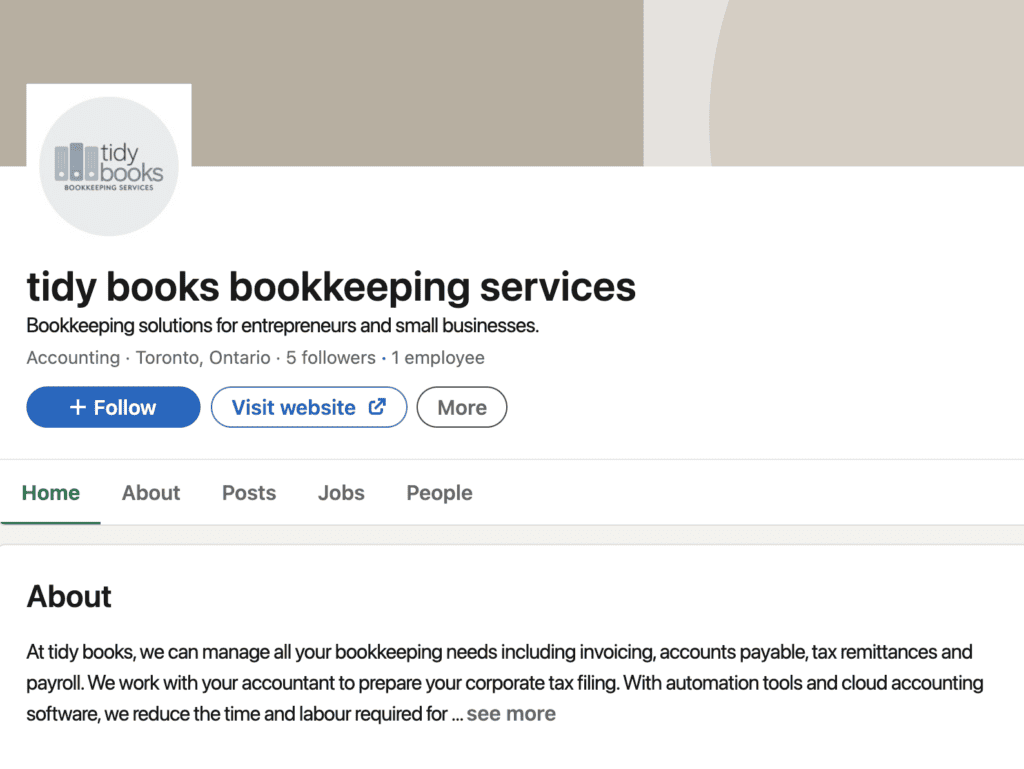 LinkedIn page for bookkeeping services 
