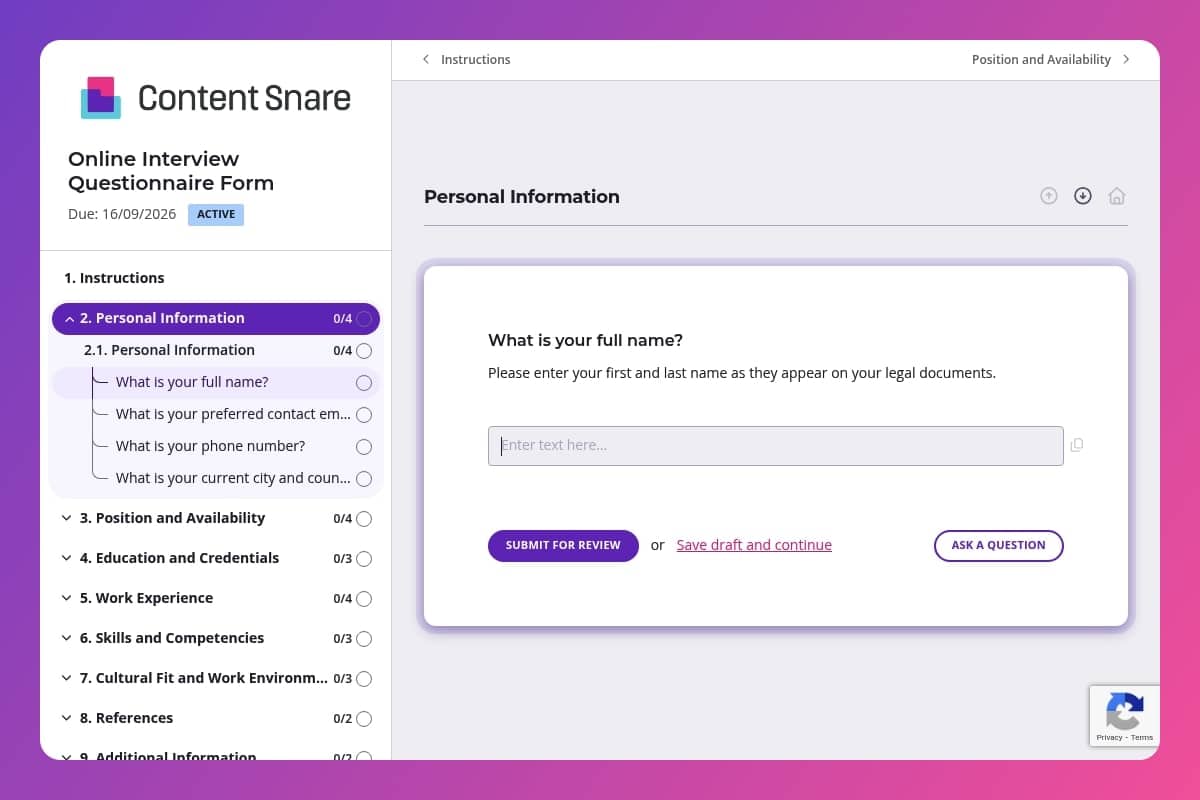 Online interview questionnaire form template (25 questions) - Content Snare