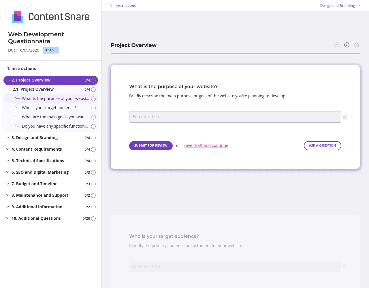 Web development questionnaire template (26 questions) - Content Snare
