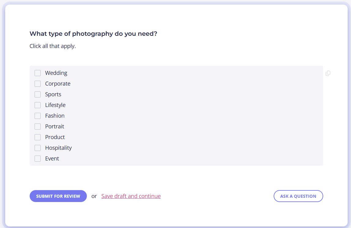 photography client questionnaire