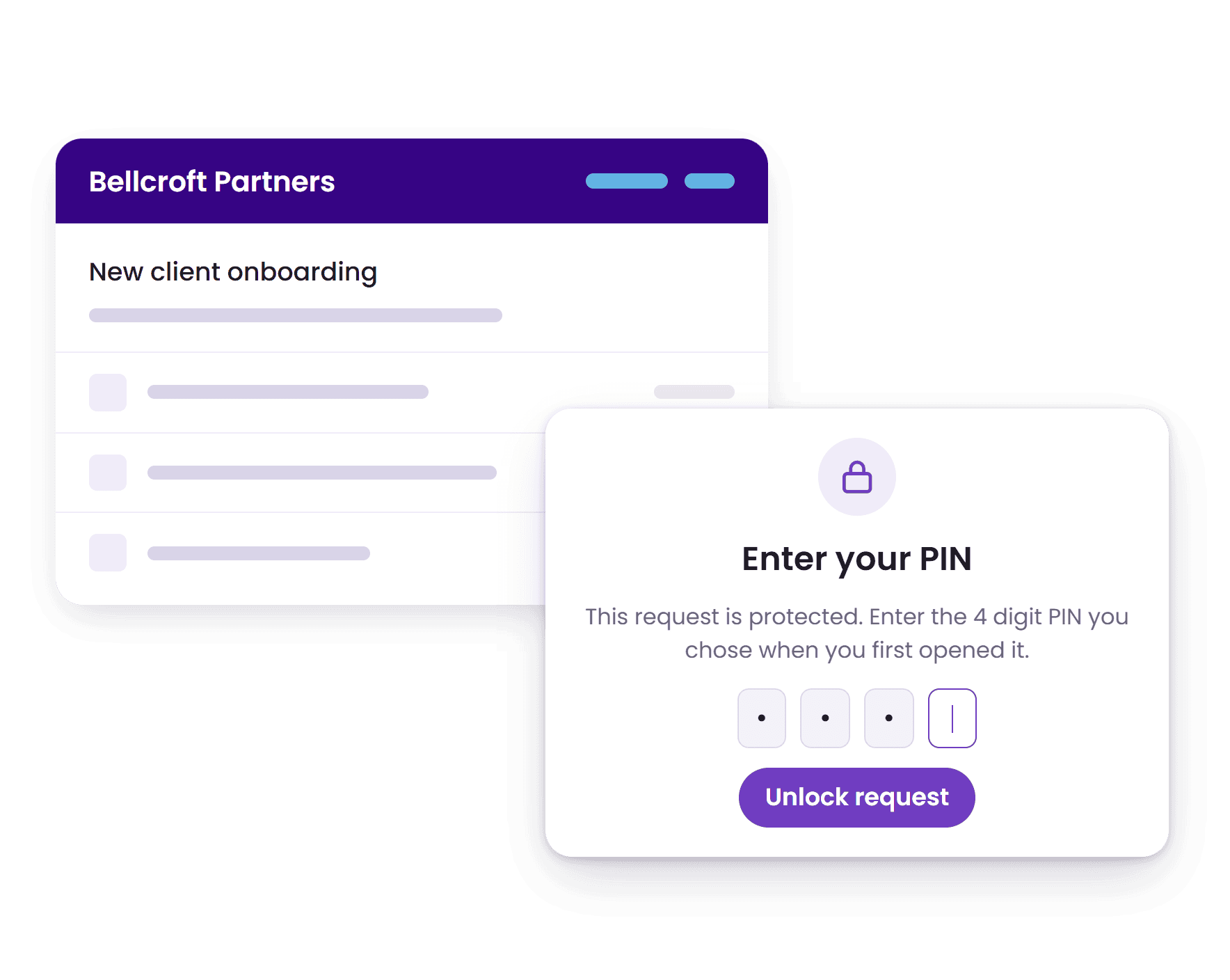 The client side of an onboarding request, locked behind a four digit PIN the client set themselves, with the document list sitting behind it.