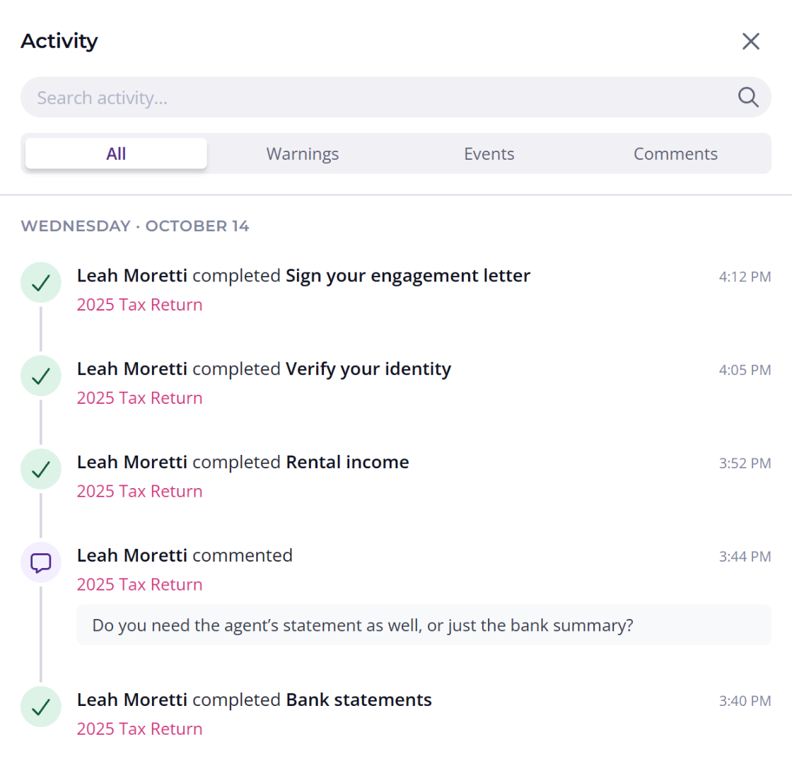Content Snare activity feed showing a client completing questions and leaving a comment